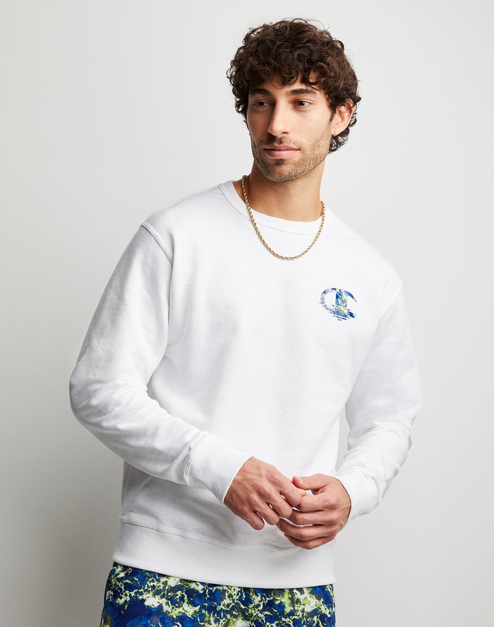 Champion Mens Sweatshirt NZ - Powerblend Fleece Crew Chasing Waves White ( 4059-CKFHY )